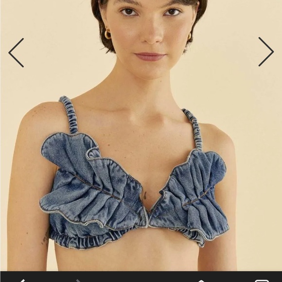FARM Rio Blue Denim Ruffle Crop Top - Picture 1 of 5